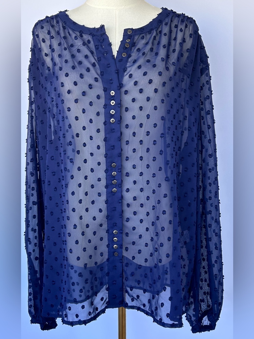 Kut from the Kloth Women’s Sheer Navy Dotted Swiss Blouse Balloon Sleeve Size XL